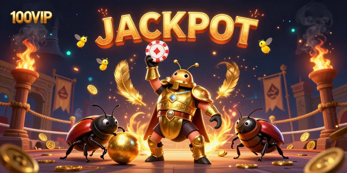 Engaging 100VIP illustration showcasing a victorious beetle in gladiator armor among casino elements during a jackpot celebration.