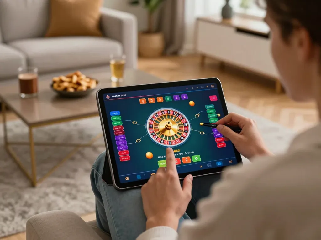 Engaging in a live dealer roulette game on https://sc88.casino/ with a smartphone in a cozy home setting