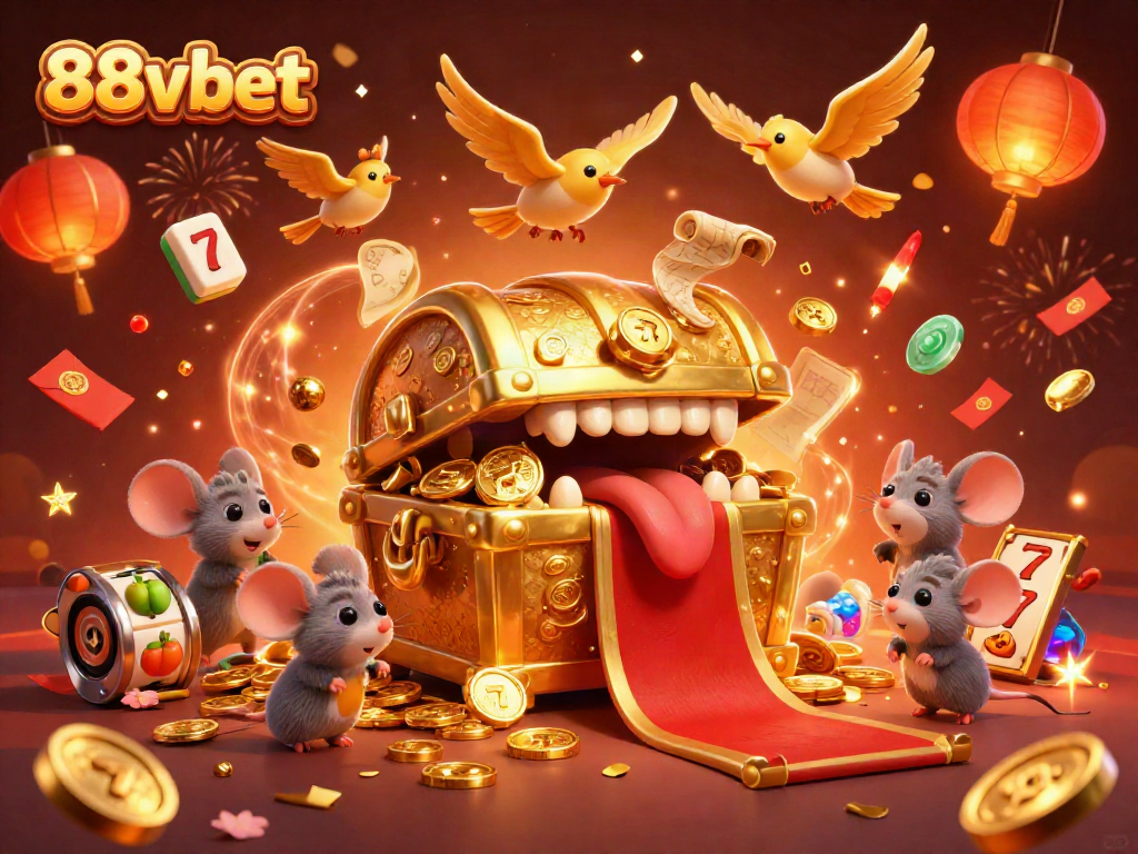 Engage with the 88vbet casino experience through a vibrant 3D treasure chest scene filled with slots and festive elements.