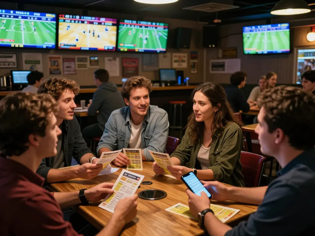Friends enjoying sports betting at a lively bar, with keonhacai odds displayed on screens and excitement in the air.