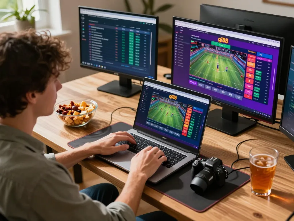 Engaging sports betting moment on gi88 platform, capturing a player's focus and analysis.