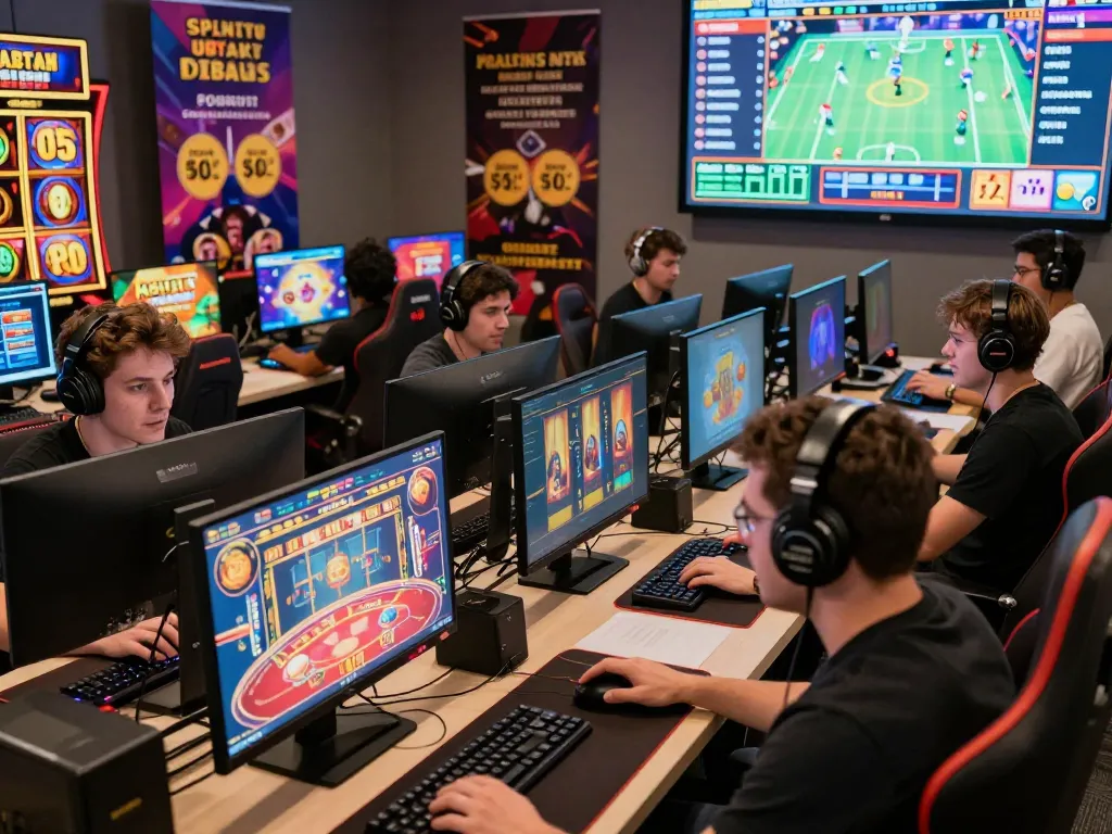 Exciting online gaming scene with players enjoying diverse games at computers, highlighting GI8's vibrant betting platform.