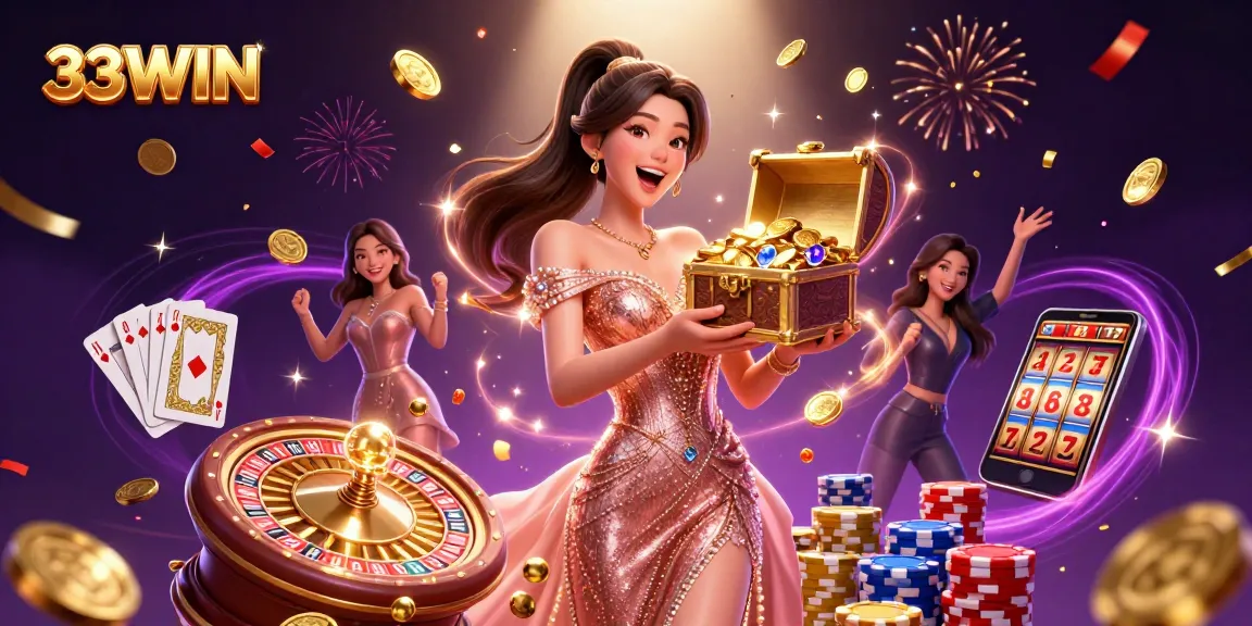 Experience the excitement of 33WIN with a treasure chest of winnings and vibrant casino elements bursting with energy.