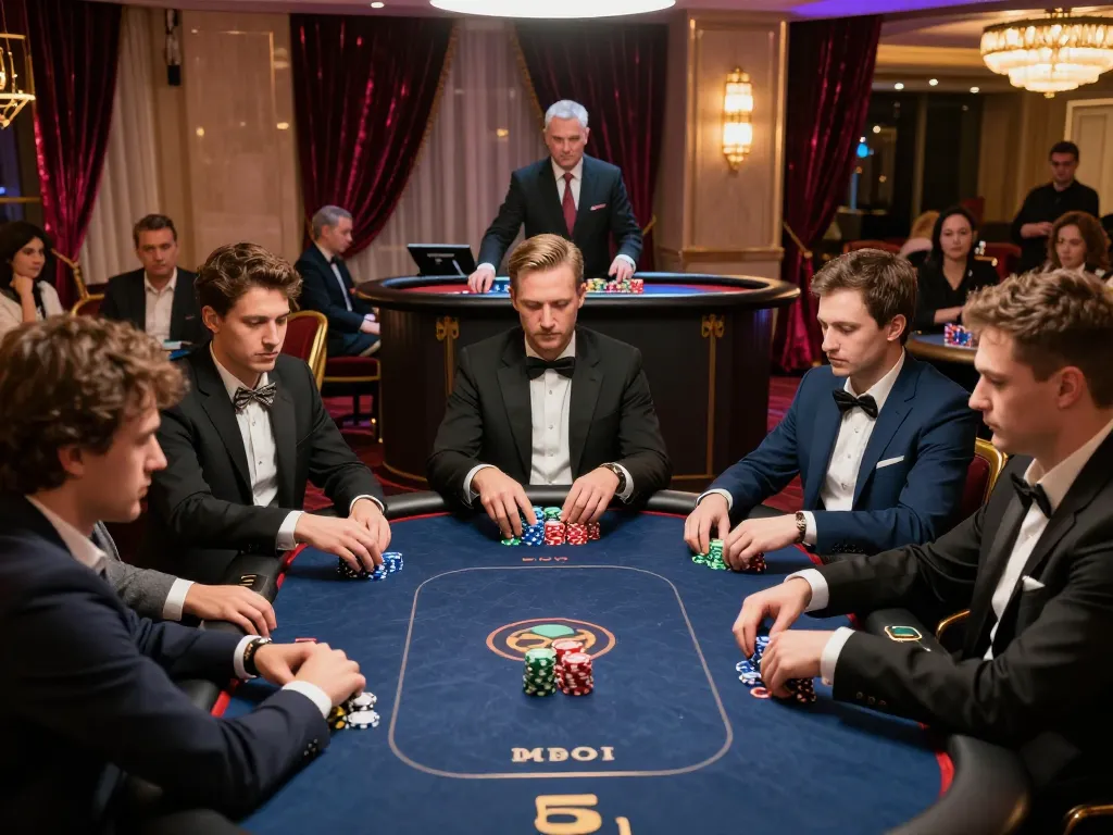 23WIN players strategizing during high-stakes poker game in elegant casino atmosphere.