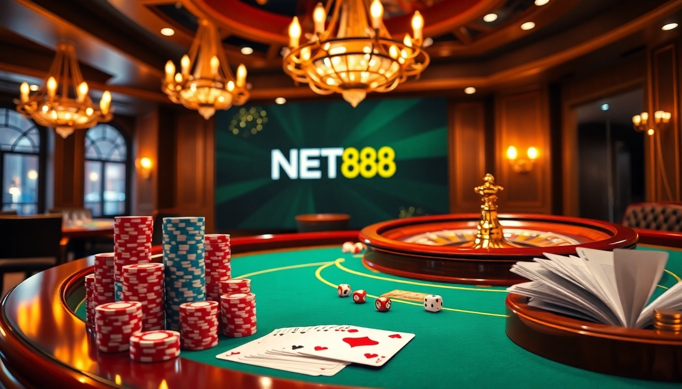 NET88 showcases an upscale casino scene with poker chips and roulette wheel for avid gamblers.