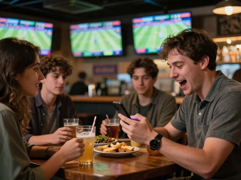 Person engaging with ty le ca cuoc while enjoying sports betting at a lively bar with friends.