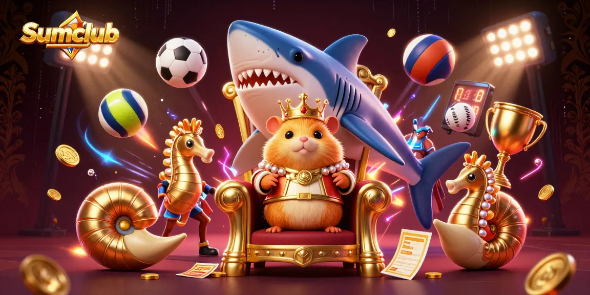Engage with Sumclub's exciting gaming experience featuring a dynamic 3D illustration of a hamster king in a megalodon throne surrounded by sports elements.