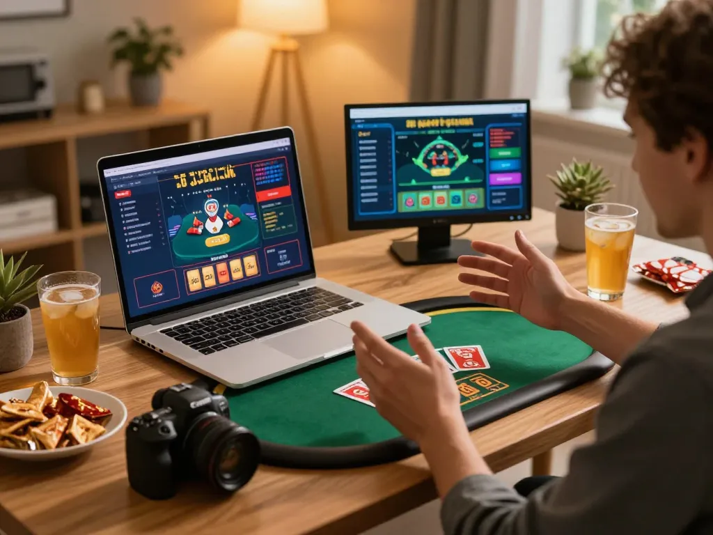 Person enjoying online poker on a laptop while managing hitclub betting strategies at home.