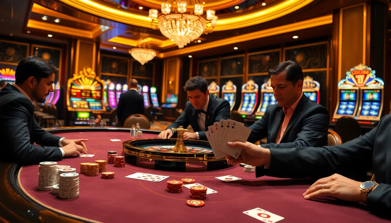 Experience the excitement of vaoluoitv with vibrant poker and slot scenes in high-stakes gambling.