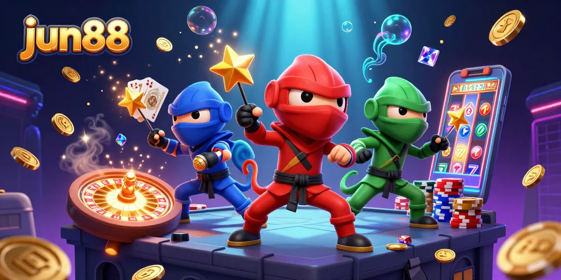 jun88 offers an exciting experience with vibrant 3D ninja chameleons amidst colorful casino elements.