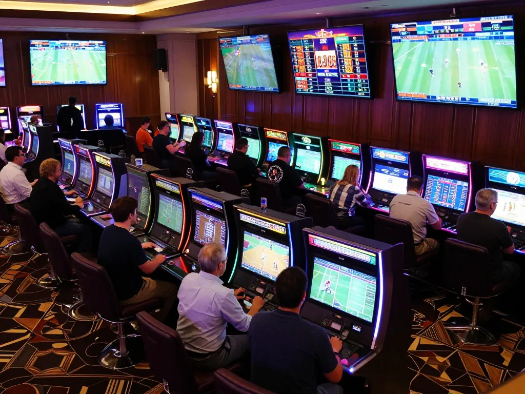 Engaged bettors analyzing live scores on nowgoal, enjoying an exciting sports betting atmosphere
