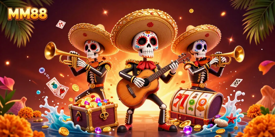 Experience high-energy gaming with MM88 as vibrant skeleton mariachi musicians celebrate in a festive casino atmosphere.