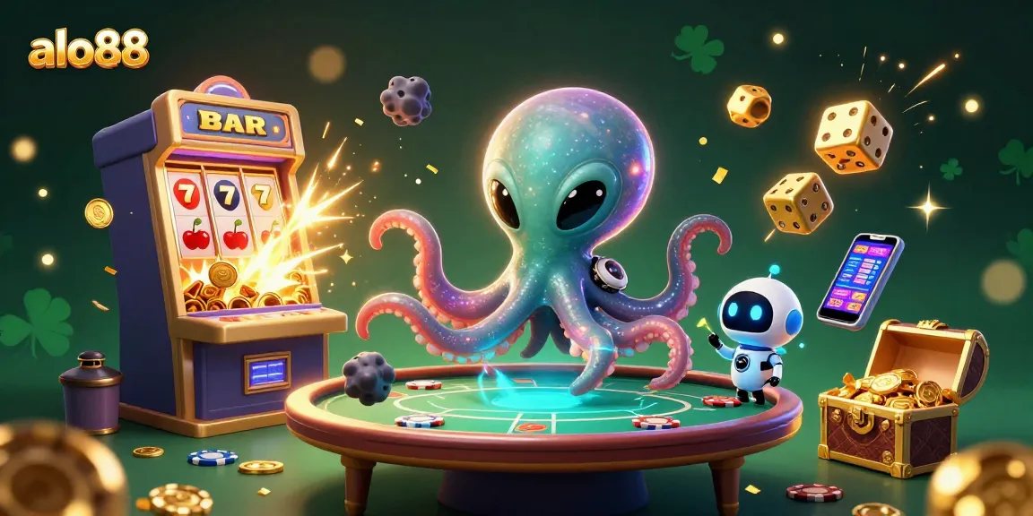 Alo88 players experience thrilling moments at a lively holographic poker table with a cheerful octopus and a robot.