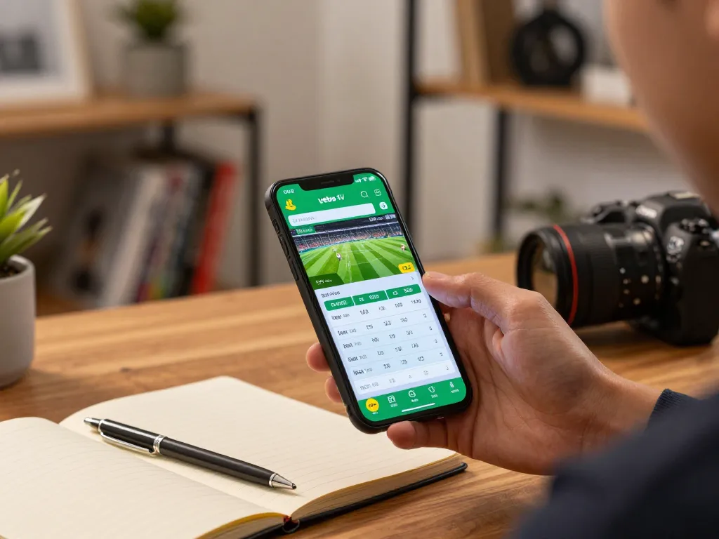 Engaging user placing bets using vebo tv's sports betting app on mobile device in a cozy home.