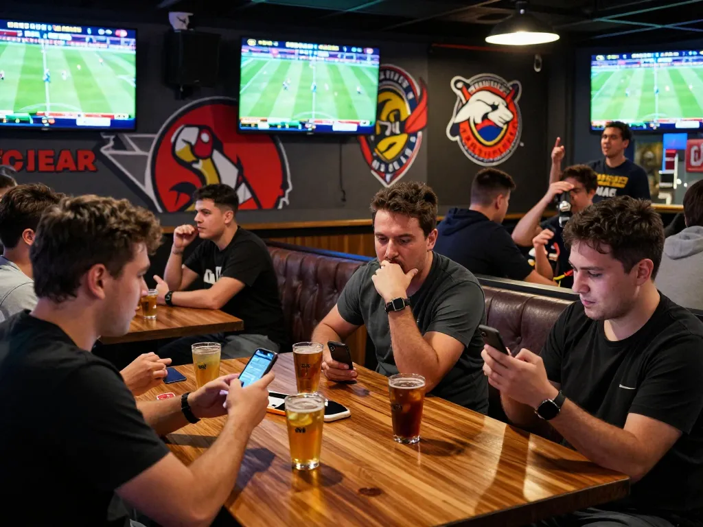 Engaging in sbobet sports betting at a lively bar, friends analyzing games on smartphones amidst vibrant screens.