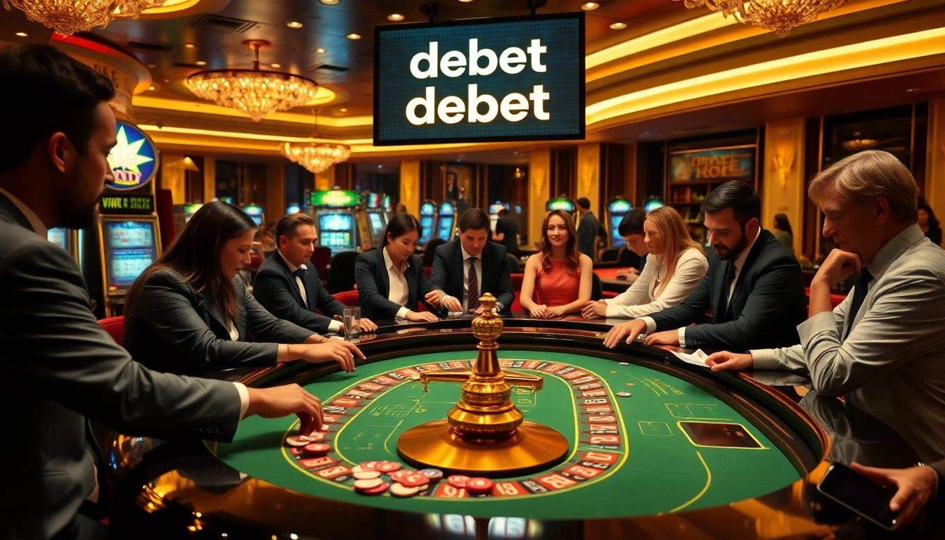 Excited players enjoy a high-stakes game at the debet casino, showcasing roulette and vibrant chips.