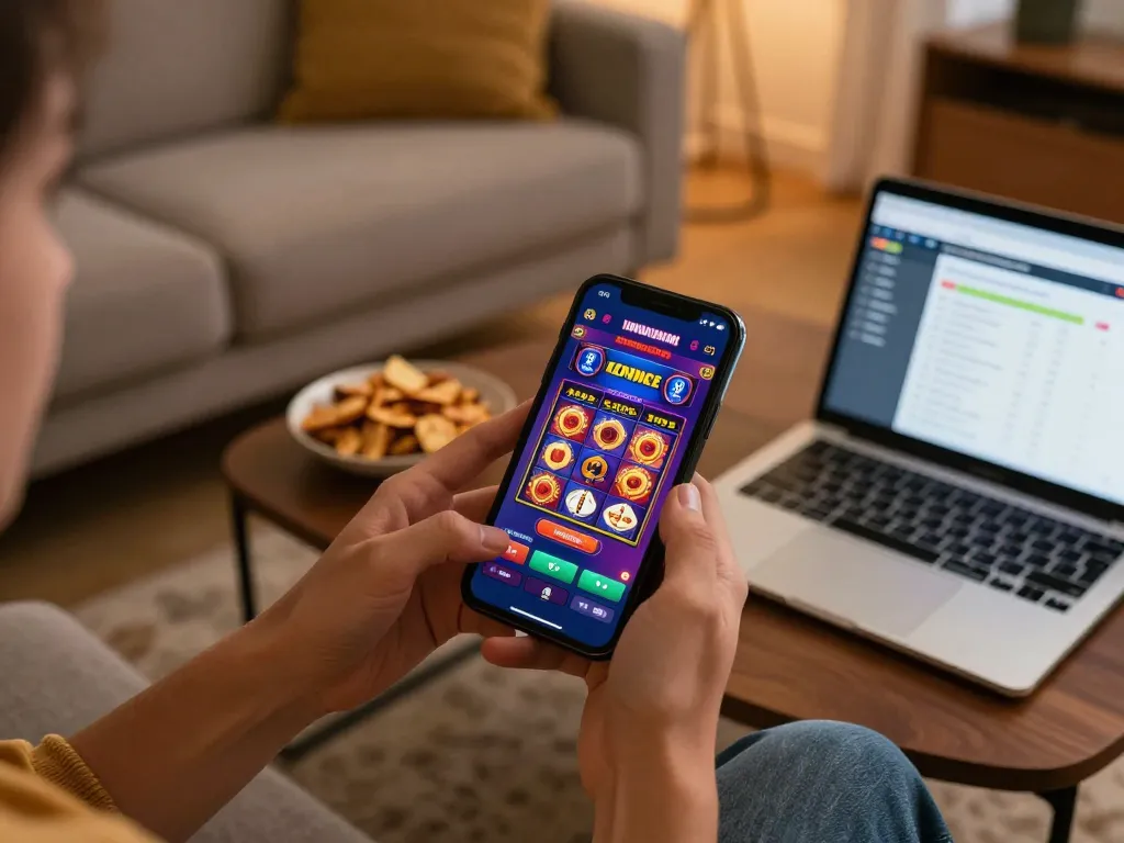 Experience online gaming excitement with nhà cái 79king on mobile in a cozy home setting.