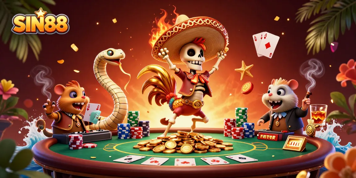 SIN88 showcases a dynamic casino scene with a cartoon skeleton mariachi rooster and golden coins, engaging in exciting gambling.