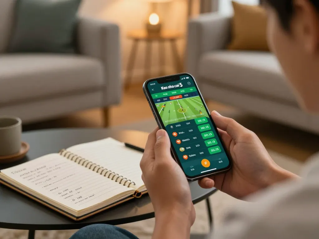 An individual using the "Keo nha cai 5" betting app on a smartphone, with sports odds visible and a cozy home setting.