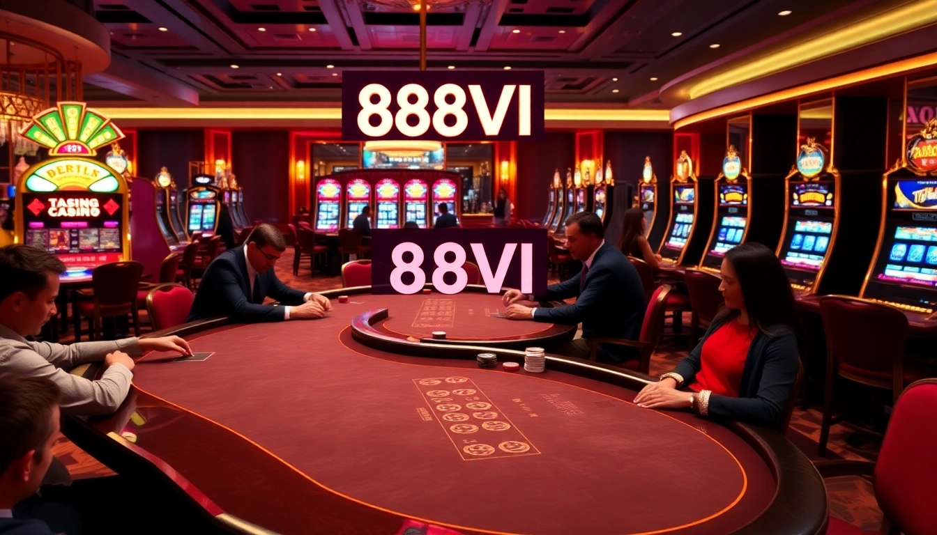 A thrilling casino atmosphere at 888VI with players engaging at poker tables and vibrant slot machines.