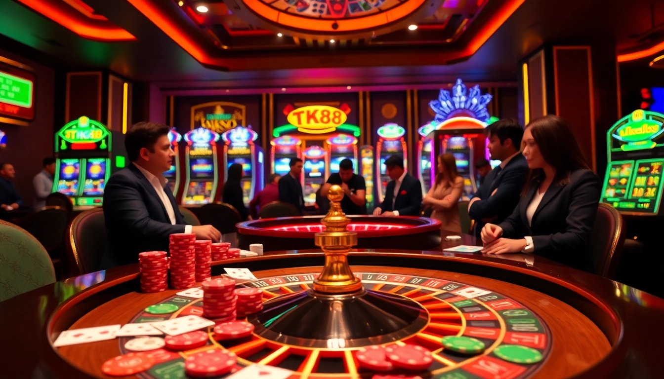 Players engaging at the TK88 casino table with vibrant chips and cards.