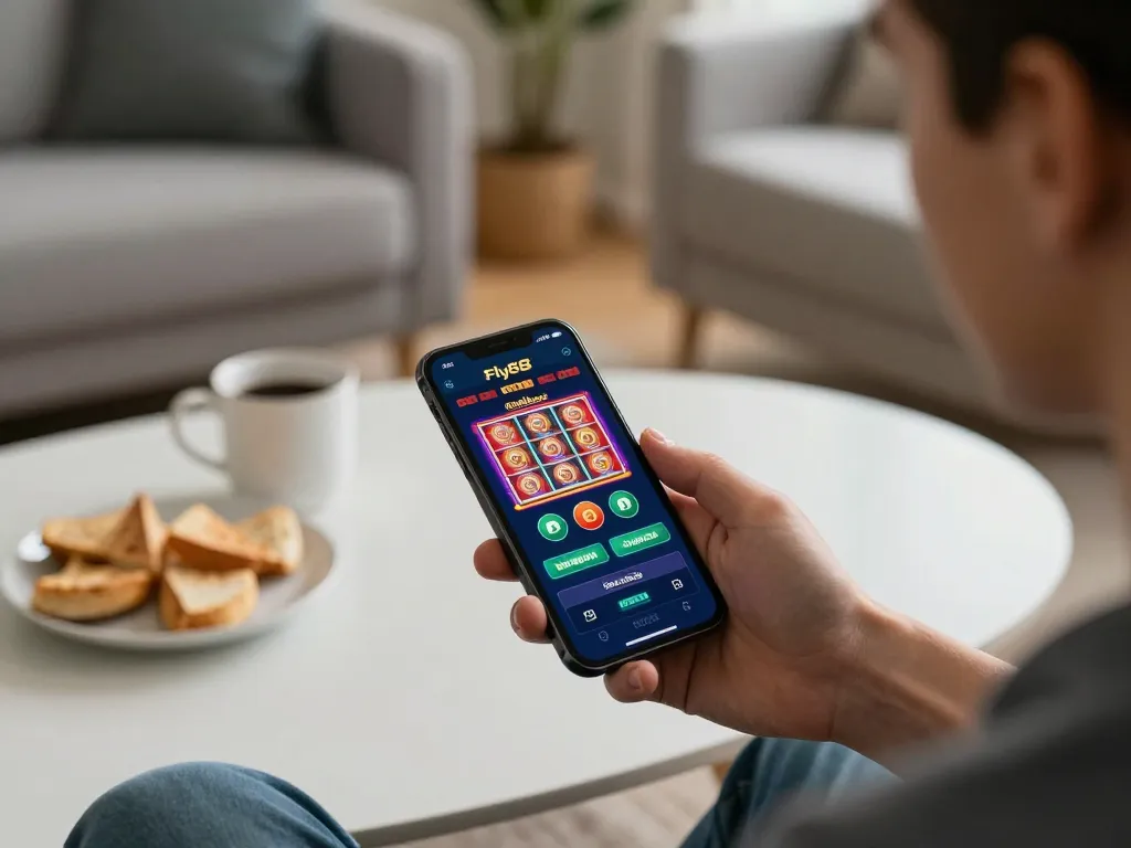 Engaging with fly88 mobile app for online gaming experience in a stylish home setting