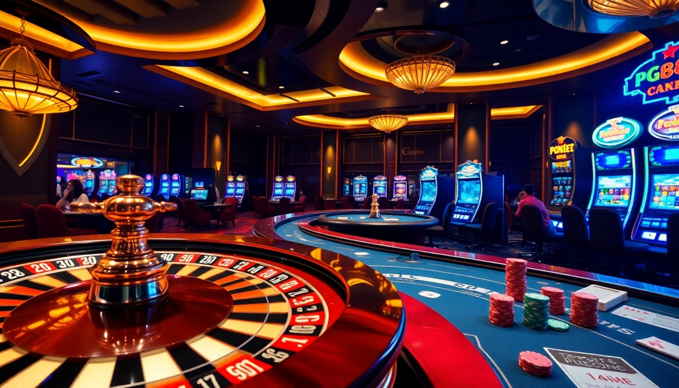 Engaging PG88 online casino experience with poker tables, roulette wheel, and vibrant gaming atmosphere.