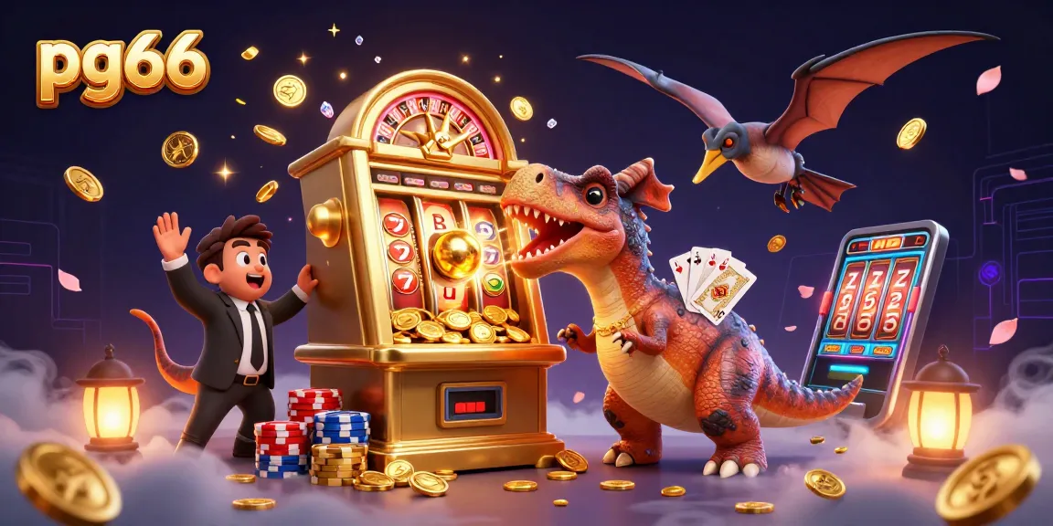 pg66 showcases a dinosaur winning jackpots at a casino with vibrant coin cascades and festive energy.