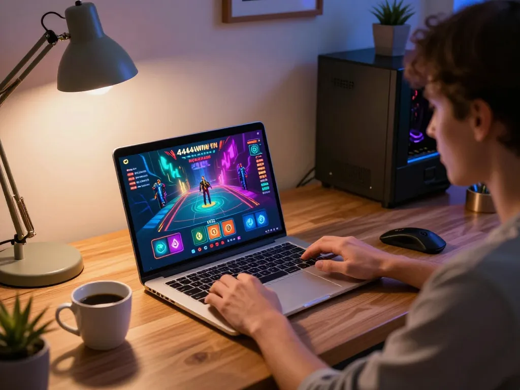 Engaged player enjoying the 4444WIN plataforma during an online casino session in a modern home office