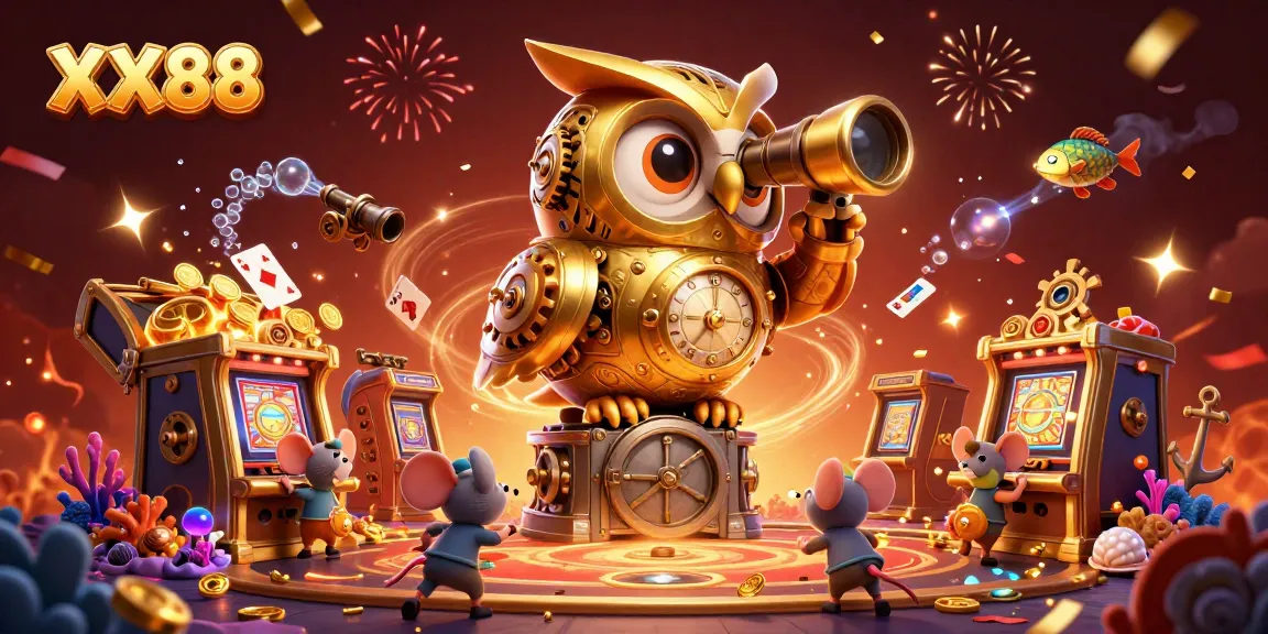 Engage with XX88's exciting casino theme illustrated by a 3D owl and vibrant gaming elements.