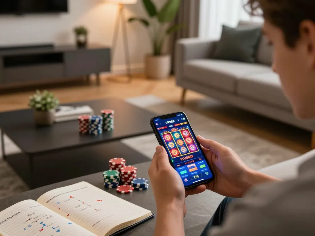 Engaging mobile gaming experience with Link truy cập Five88 app on a smartphone in a stylish living room