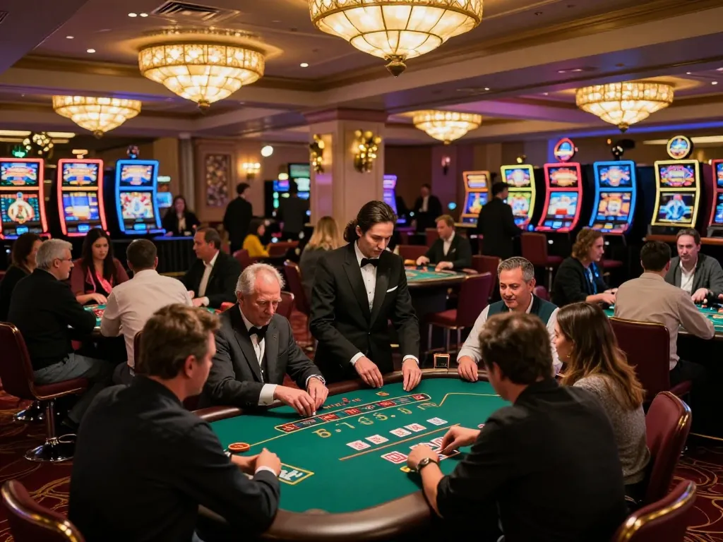 Players engaging in blackjack at K8 casino, vibrant atmosphere with rich decor and warm lighting