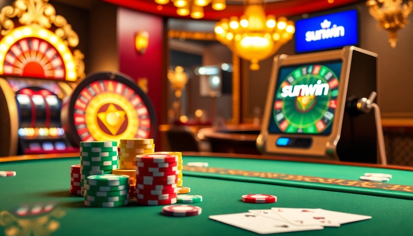 Experience the thrill of sunwin at an elegant casino table with vibrant colors and luxurious elements.