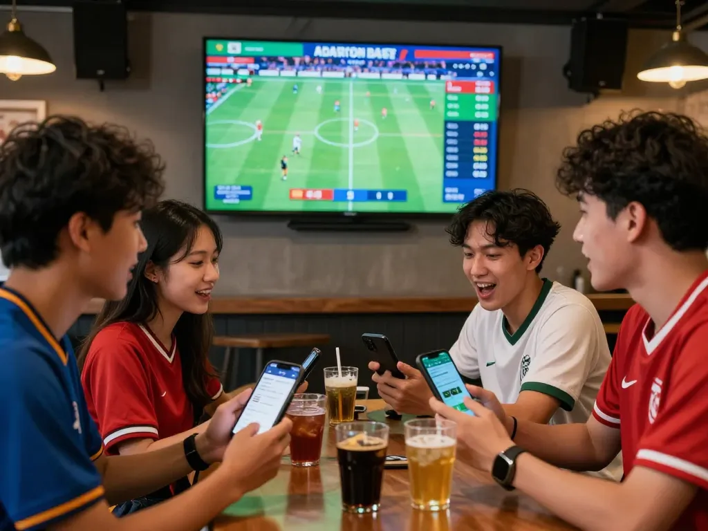 Excited friends enjoying kèo nhà cái hôm nay while watching football, displaying real-time betting odds in a lively sports bar.