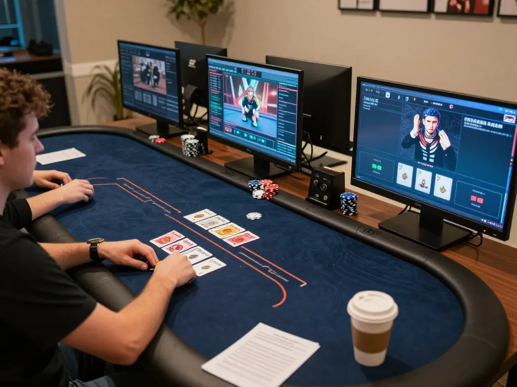 S666 player strategizing in an online poker game with chips and cards in a modern setup.