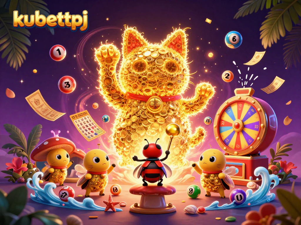 Experience the excitement of kubettpj with a dynamic casino-themed illustration featuring lucky symbols and vibrant game elements.