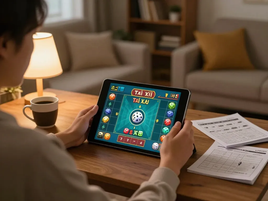 Tài Xỉu online gaming experience at home using taixiuonline8, featuring engaging gameplay on tablet.