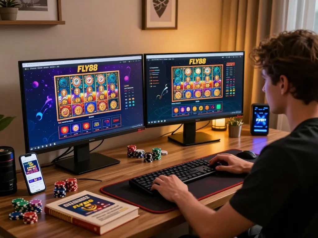 Engaging in FLY88 online casino gaming on multiple screens in a stylish home environment.