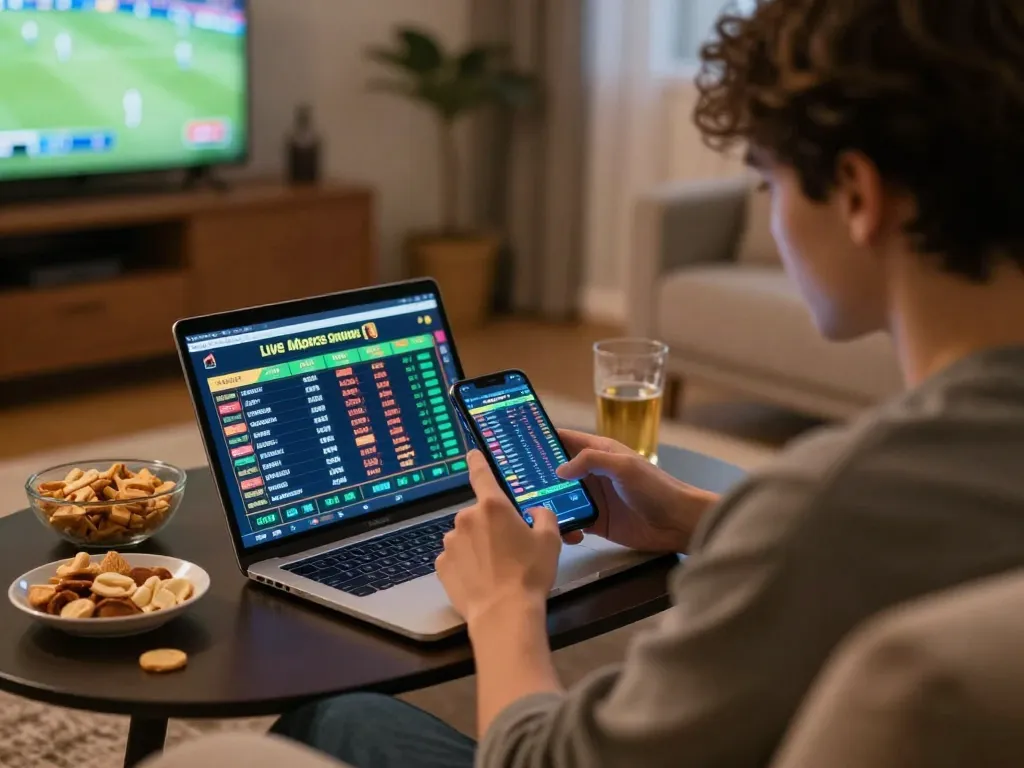 Engaging in live sports betting via smartphone, showcasing 789WIN strategy in a cozy setting