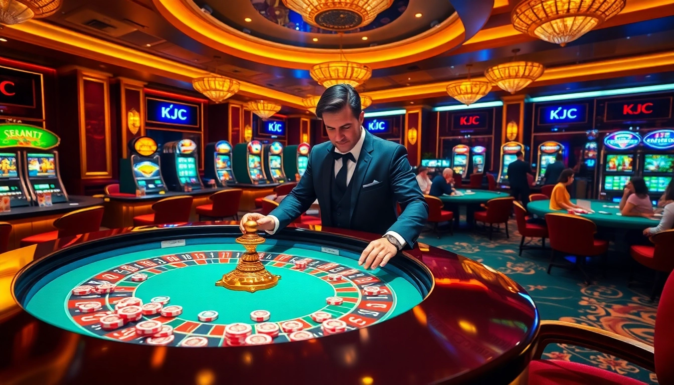 KJC engaging players with a vibrant roulette table in a luxurious casino setting.
