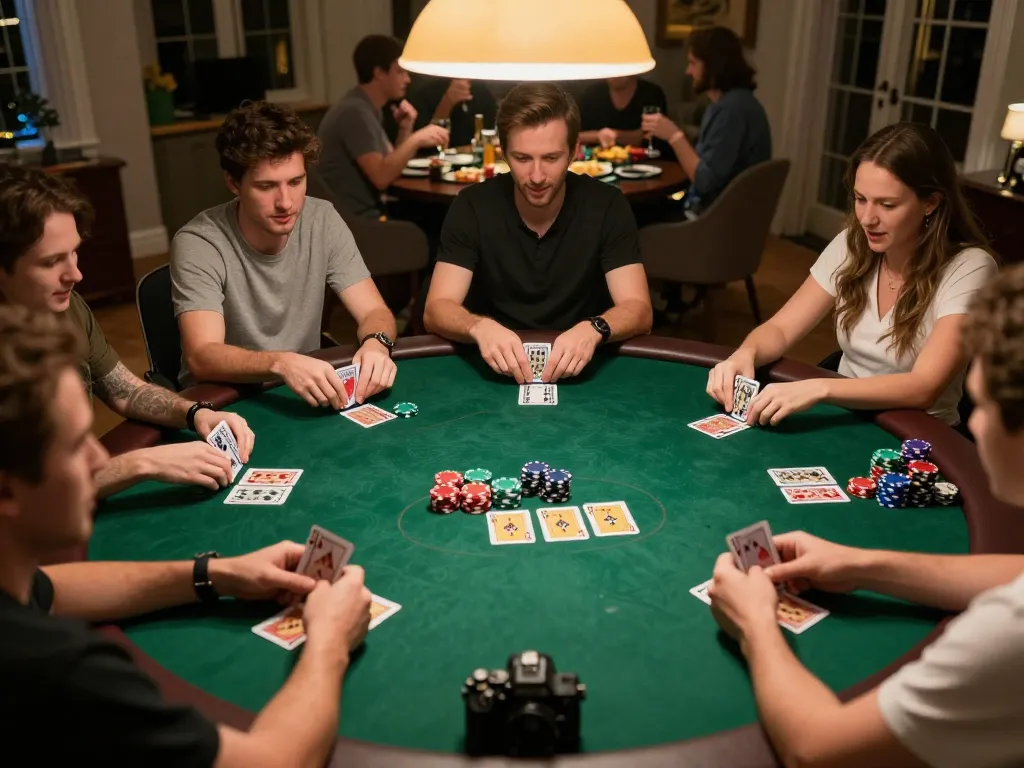 Go8 players engage in a competitive poker game, showcasing colorful chips and community cards in an inviting atmosphere