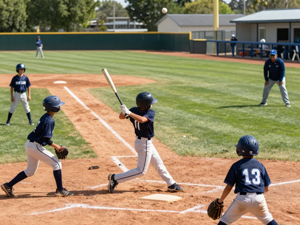 A dynamic baseball training scene at hitclub with young athletes practicing batting drills in a sunny outdoor setting.