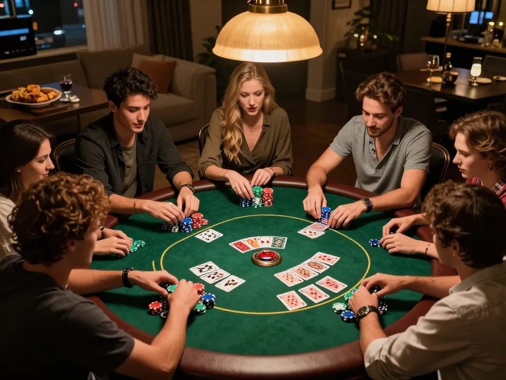 Friends playing poker in a cozy home setting, enjoying LINK 79KING gaming experience together.