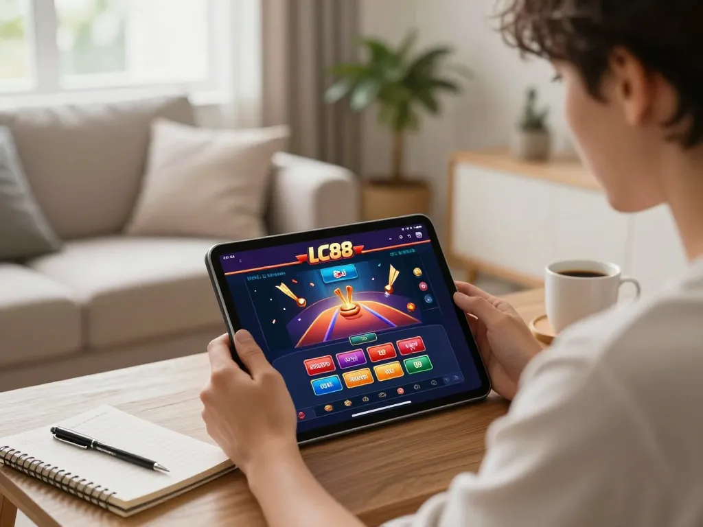 Player engaging with LC88 online casino on a tablet in a cozy home setting.