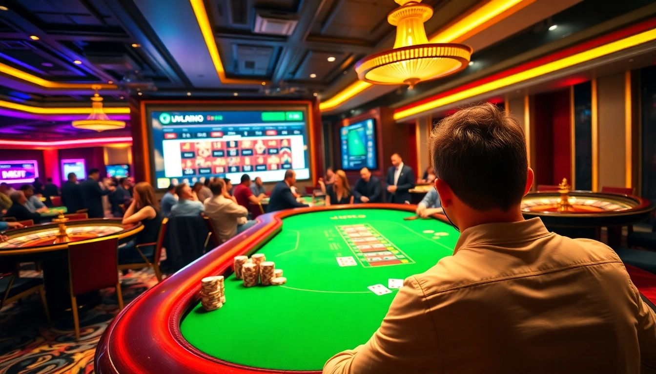 Experience the thrill of UU88 COM with vibrant casino gaming, poker chips, and a bustling atmosphere.