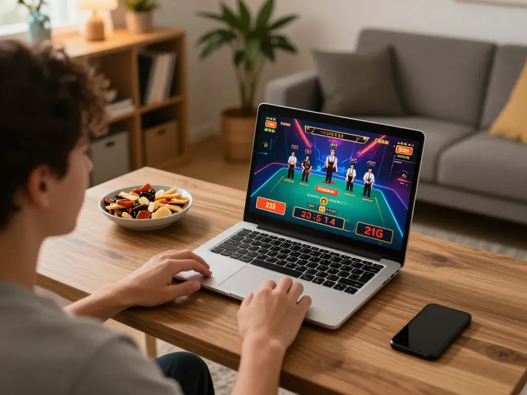 Engaging online casino gameplay at home on Go99's platform in a cozy setup.