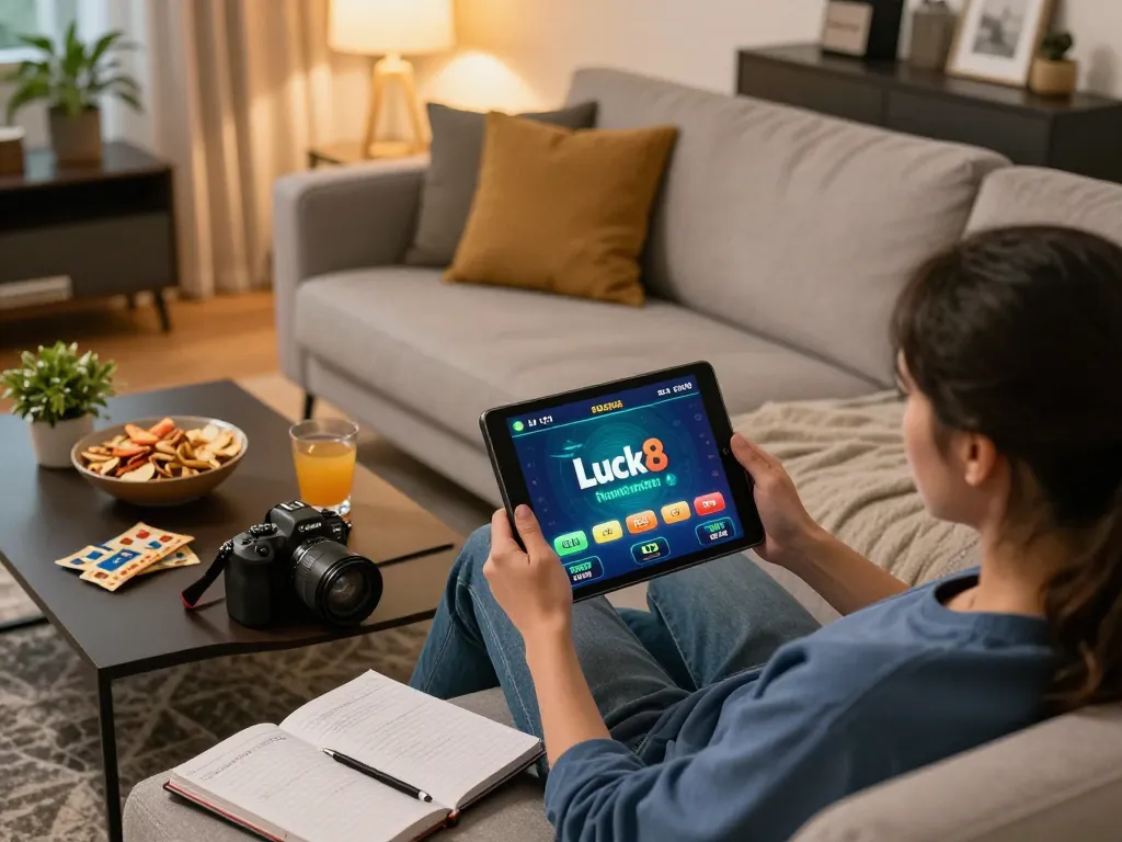 A player engaging with the link luck8 on their tablet in a cozy home gaming setup