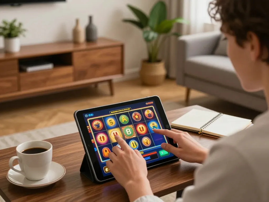 TT88 nhà cái player enjoying online slots on a tablet in a cozy setting