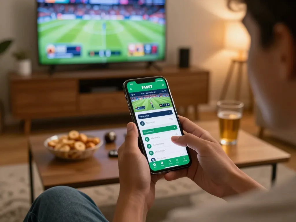 Engaging user placing bets on the FABET app during a sports event in a cozy setting