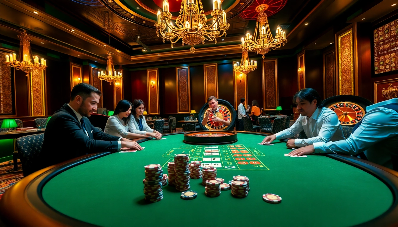A thrilling poker game at nhà cái tg88, featuring vibrant casino elements and engaged players.